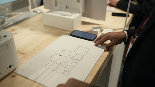 Architect reviewing a printed floor plan at a desk
